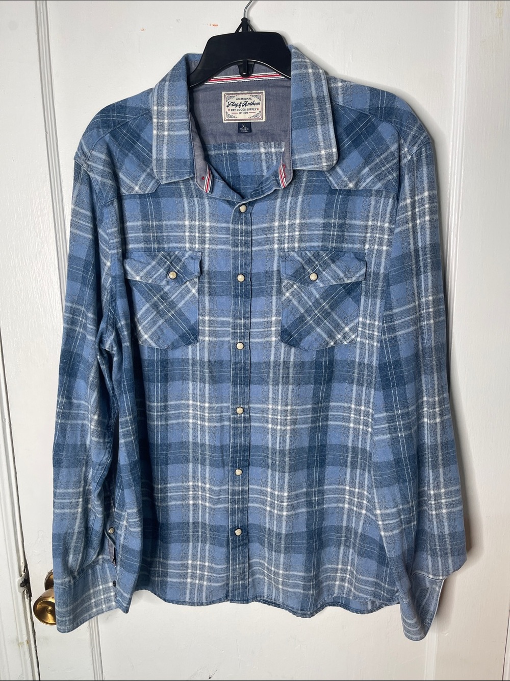 Flag & Anthem XL Shirt Mens Snap Front Blue Plaid Cotton Rodeo Country Western
